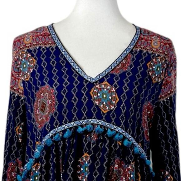 Artistic Works by Lu Boho Swing Dress V-neck Fringe Blue Multi Women’s Size XL - Picture 5 of 11